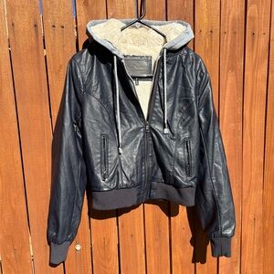 Ci Sono Black and Gray Faux Leather Hooded Jacket (M)